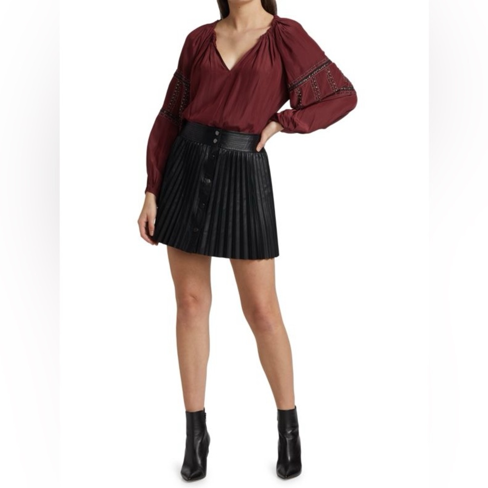 Ramy Brook Anya Vegan Leather Pleated High Waisted Skirt Snap Up Black Size 0 - Picture 5 of 10